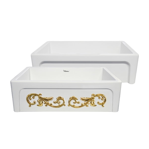Whitehaus WHSIV3333OR St. Ives Ornamental 33" Dual-Apron Reversible Farmhouse Single Basin Fireclay Kitchen Sink