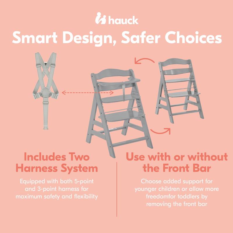 hauck Alpha+ Grow Along Adjustable Boosted Wooden Highchair, Beechwood, Grey - 16.5
