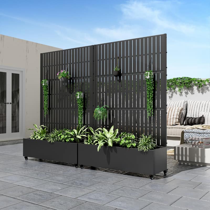 Metal Movable Planter Box with Trellis Privacy Screen Lockable Wheels - 72"x47" - Black1