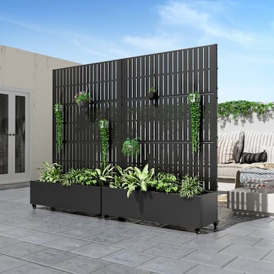 Metal Movable Planter Box with Trellis Privacy Screen Lockable Wheels - 72"x47"