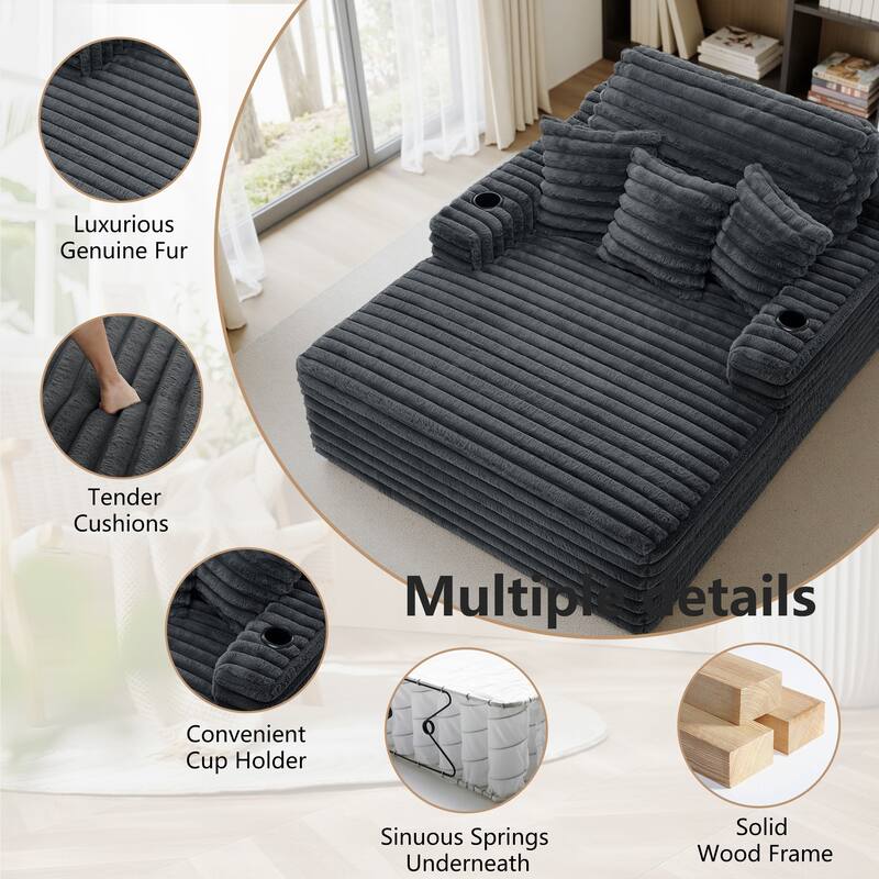 53"W Oversized Plush Fur-Like Chaise Lounge Sofa with Cup Holder