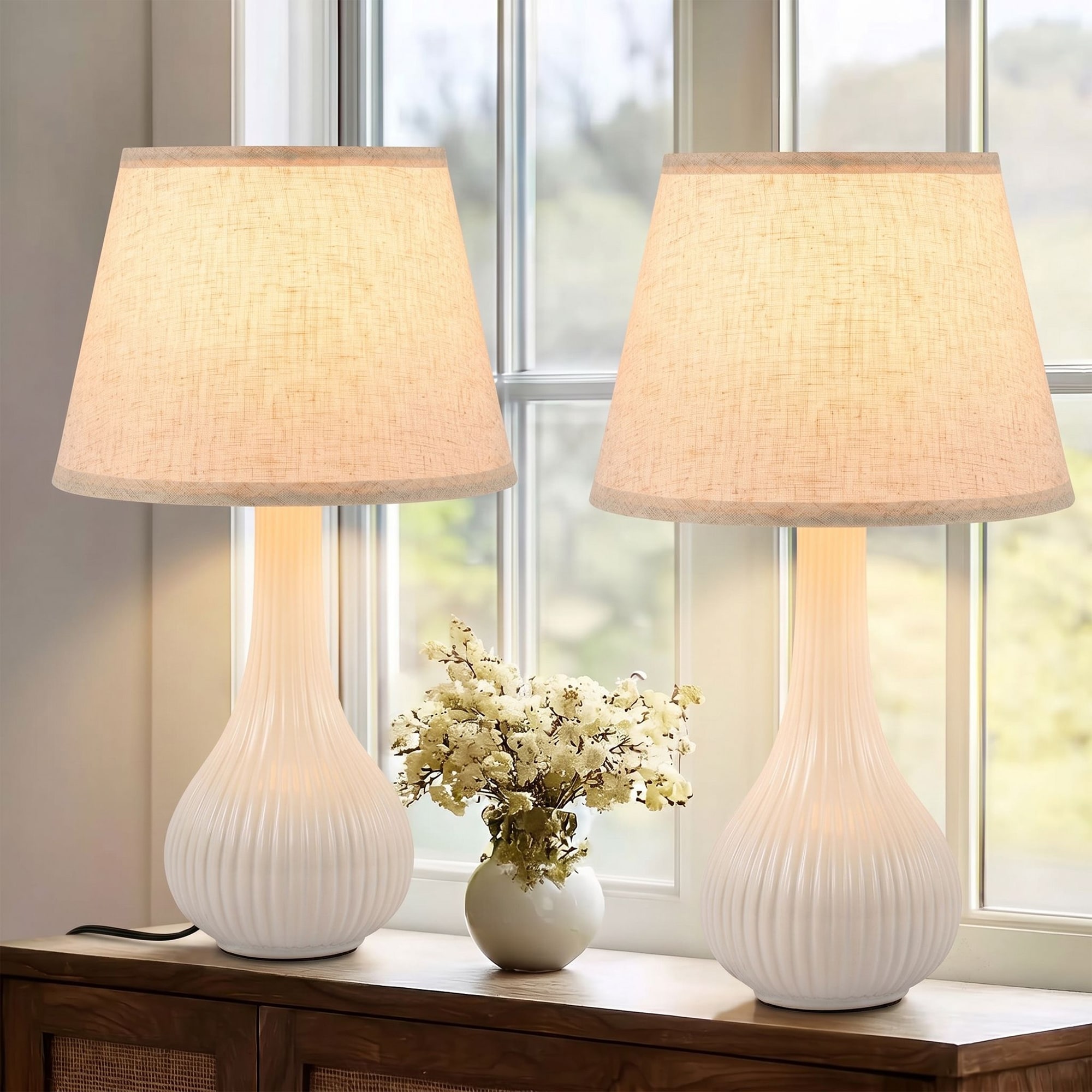 Set of 2 Ceramic Table Lamps with Linen Fabric Shades, Modern Bedside Nightstand Lamps for Bedroom Living Room - 2-Pack