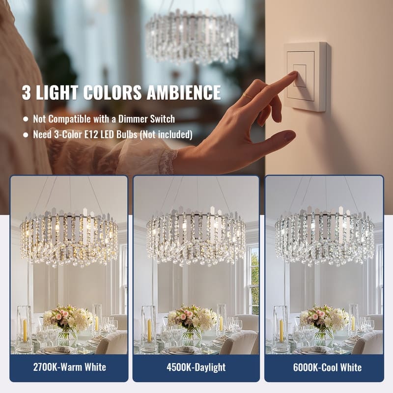 24" Chrome Modern Luxury Crystal Chandelier Adjustable Height Drum Light Fixture for Dining Room