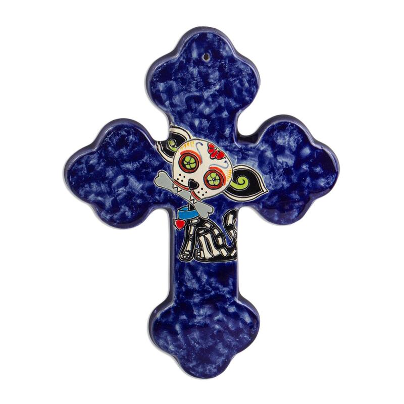Novica Handmade Catrina Pup Ceramic Wall Cross