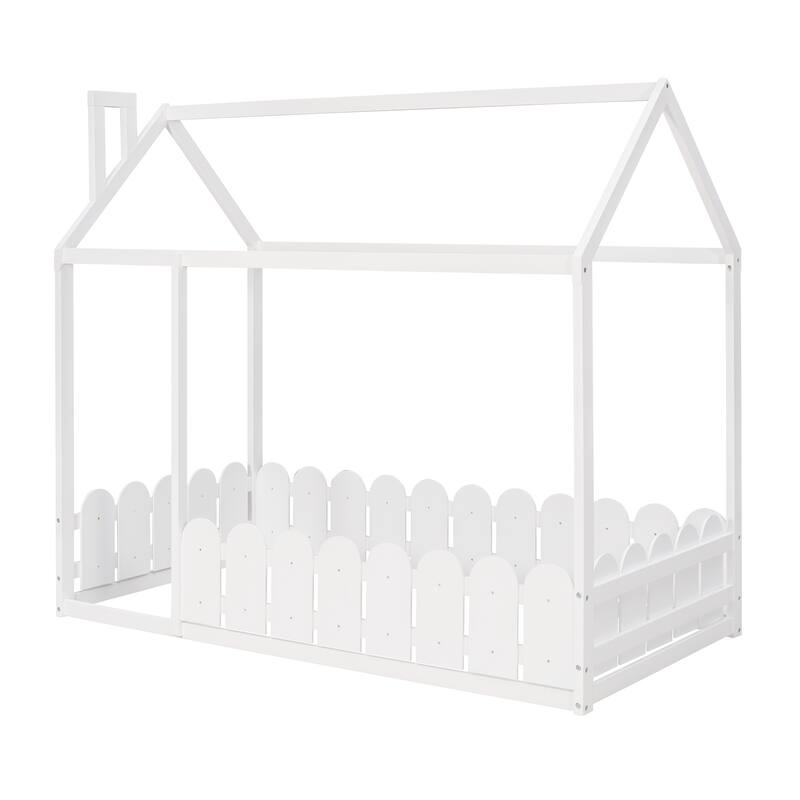 Twin Size House Bed with Roof and Fence, Semi-Enclosed Design for Kids' Play and Sleep