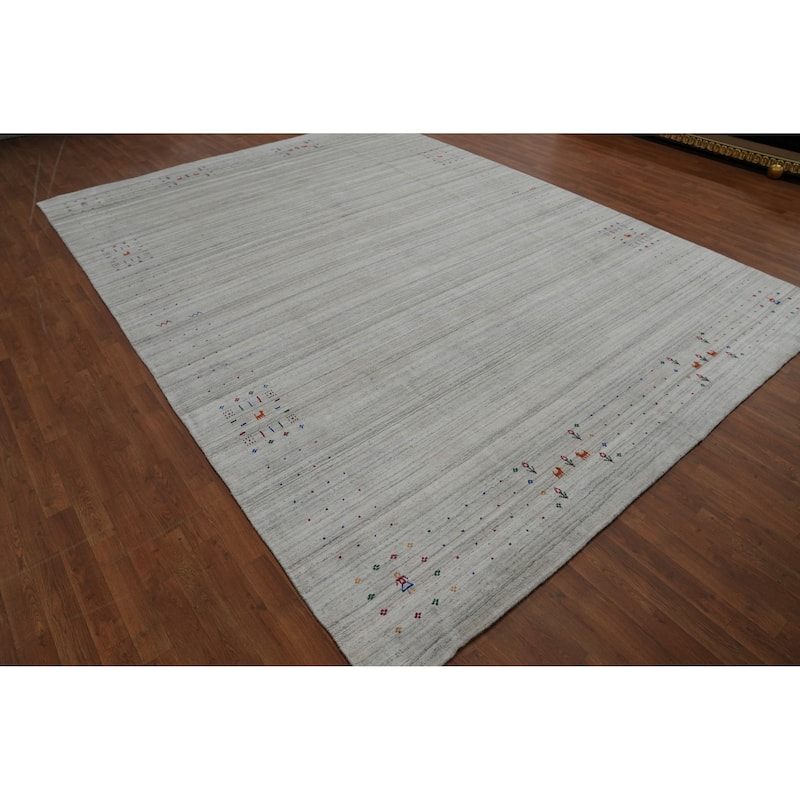 Hand Knotted Oriental 100% Wool Carpet Tribal Stripe Greys & Charcoal Gabbeh Area Rug - 12' 6'' X 9' 2''