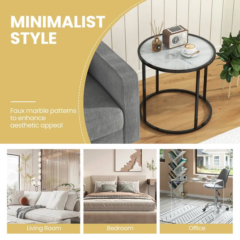 Gymax Glass End Table 20'' Round Side Table w/ Metal Frame & Faux