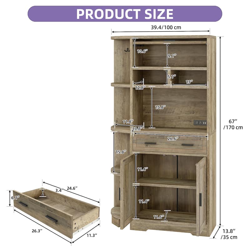 67" Kitchen Pantry Cabinets with Microwave Stand & Charging Station