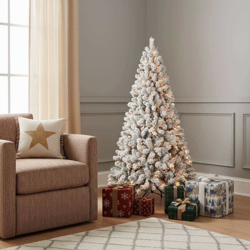 HomeRoots 5' White Pre Lit Full Flocked Fir Christmas Tree - Green - 36.00 in. x 60.00 in. x 36.00 in.