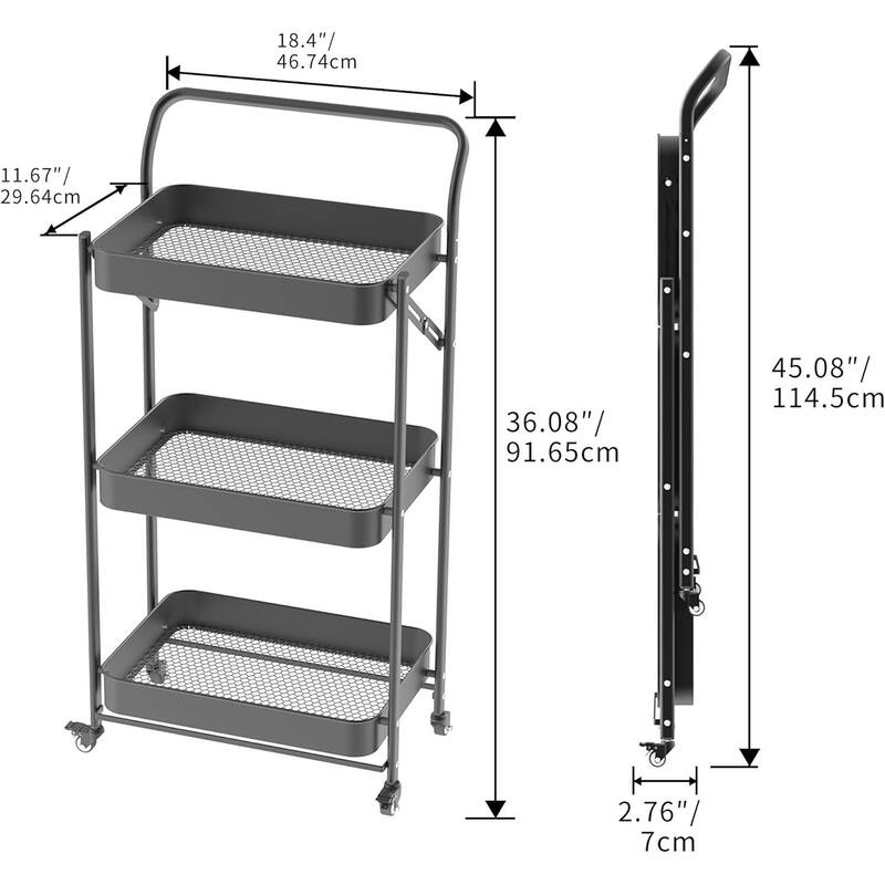 Foldable Rolling Cart, 3-Tier Metal Folding Storage Utility Carts