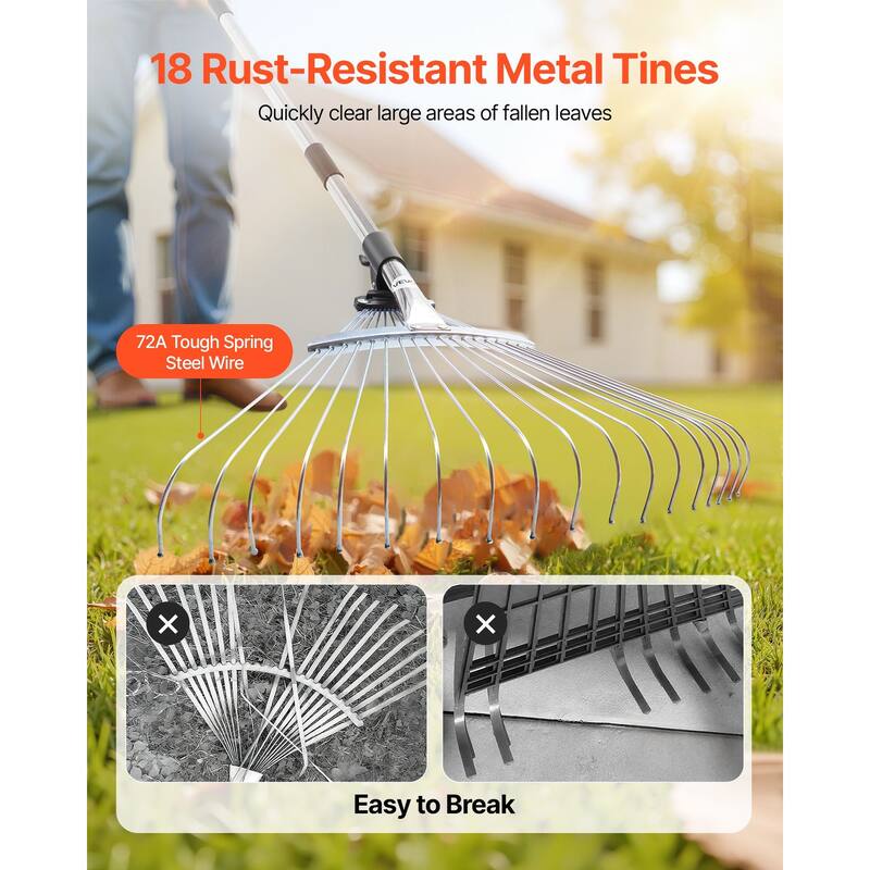 Adjustable Lawn Rake for Leaves and Grass, Stainless Steel - 55.6 x 17.13 x 2.91 in