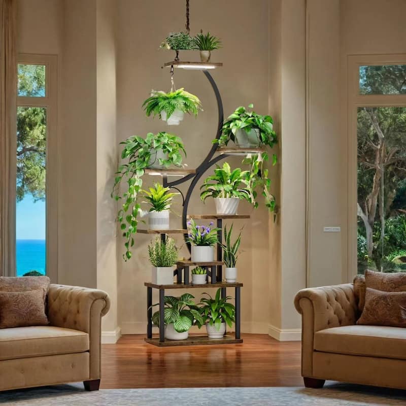 Plant Stand Indoor with Grow Lights,8 Tiered Plant Shelf, 61" Tall Plant Stand,Metal Plant Holder Stand,S-Shaped Plant Rack