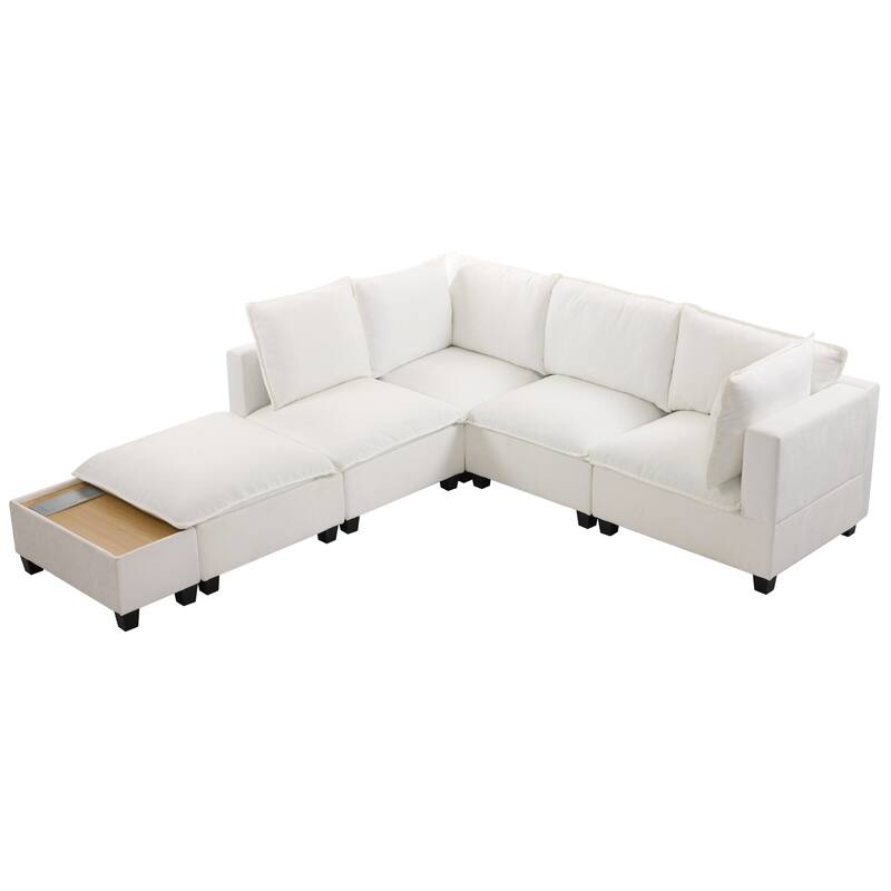 U-Shaped Sectional Sofa with Ottoman, Coffee Table with Hidden Charging Devices, Oversized Chenille Upholstered Cloud Sofa