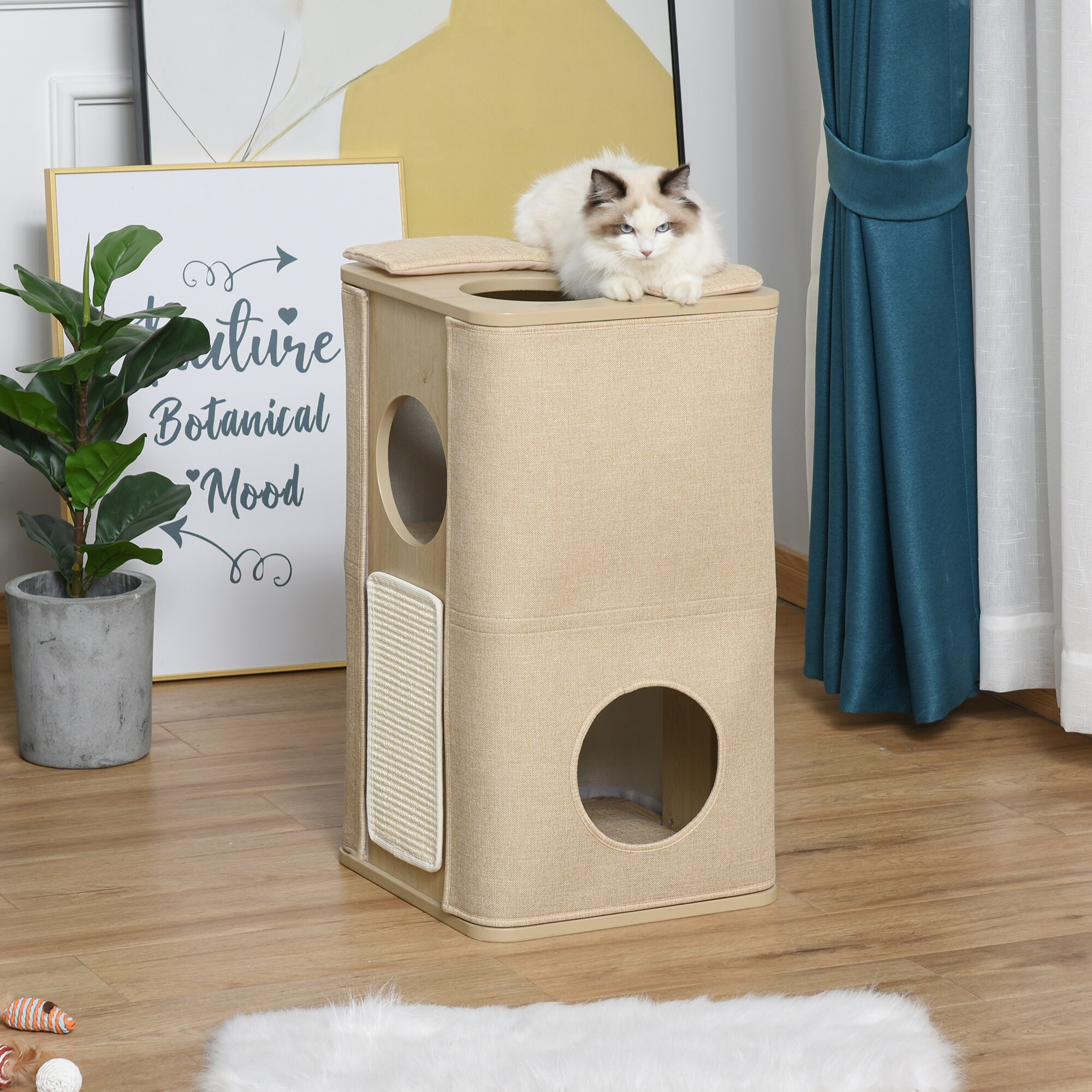 PawHut Wooden Cat Condo 3 Story Barrel Tower w Perch Removable Cover Cushions Sisal Scratching Carpet Bed Bath Beyond 33092625