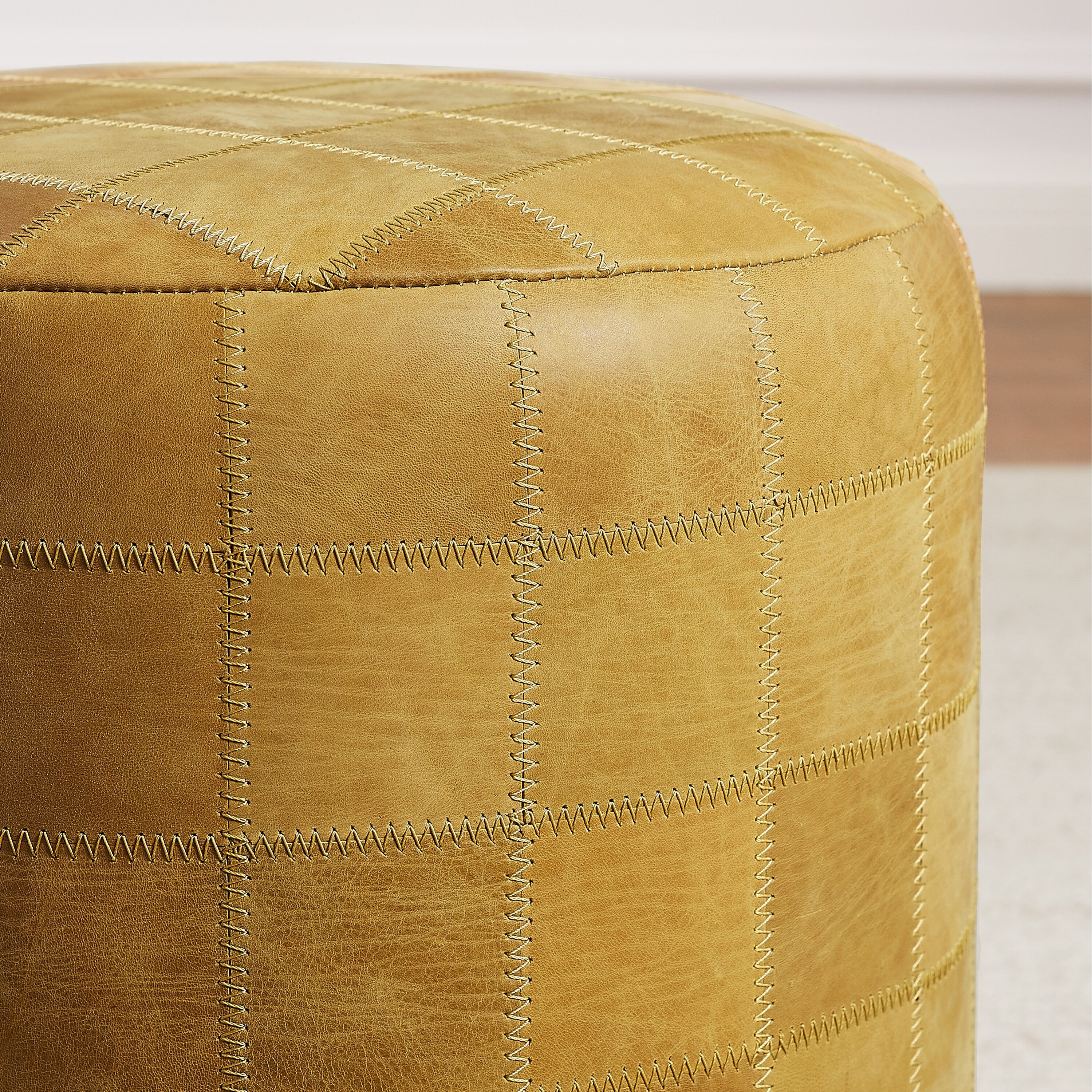 Vintage Genuine Leather Ottoman Footstool with Checkered Stitching