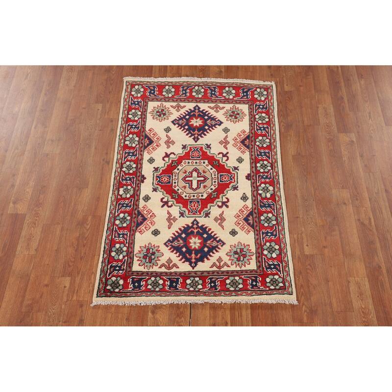 Beige Geometric Kazak Foyer Rug Hand-Knotted Wool Carpet - 2'9" x 4'1"