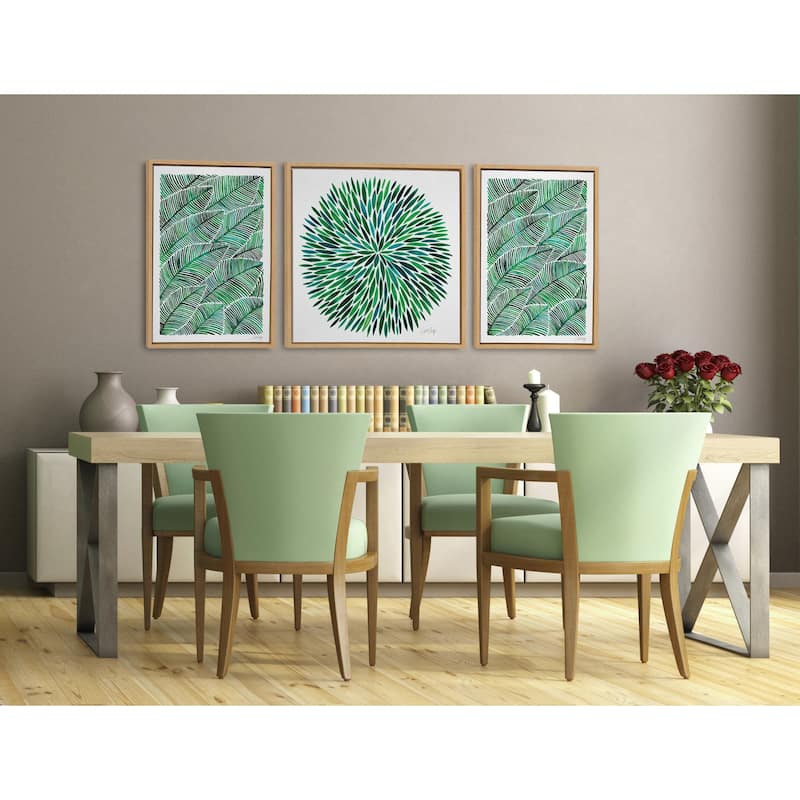 Sylvie Green Leaves in Watercolor Framed Canvas Art, Natural 24 x 24