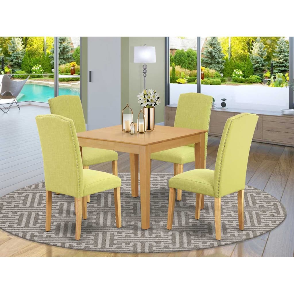 Neo-Classical Dining Set - 5Pc Square Table & Parson Chairs - Oak Leg Linen Fabric - 36 Inch