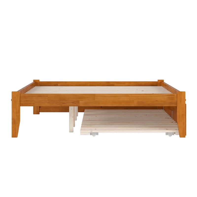 Solid Wood Platform Bed with Trundle - Twin XL Bed Frame, Modern Style, Light Toffee Finish