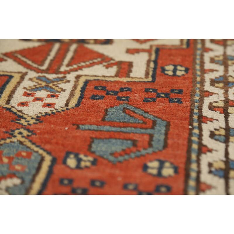 Hand Knotted Oriental 100% Wool Carpet Traditional Geometric Oranges & Rust Heriz (serapi) Runner Rug - 12' 7'' X 2' 10''