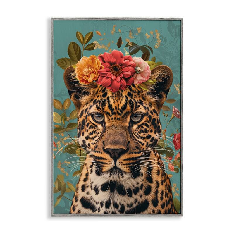 Stupell Floral Crown Wild Cheetah Framed Giclee Art Design By LSR Design Studio - 16 x 24 - Grey