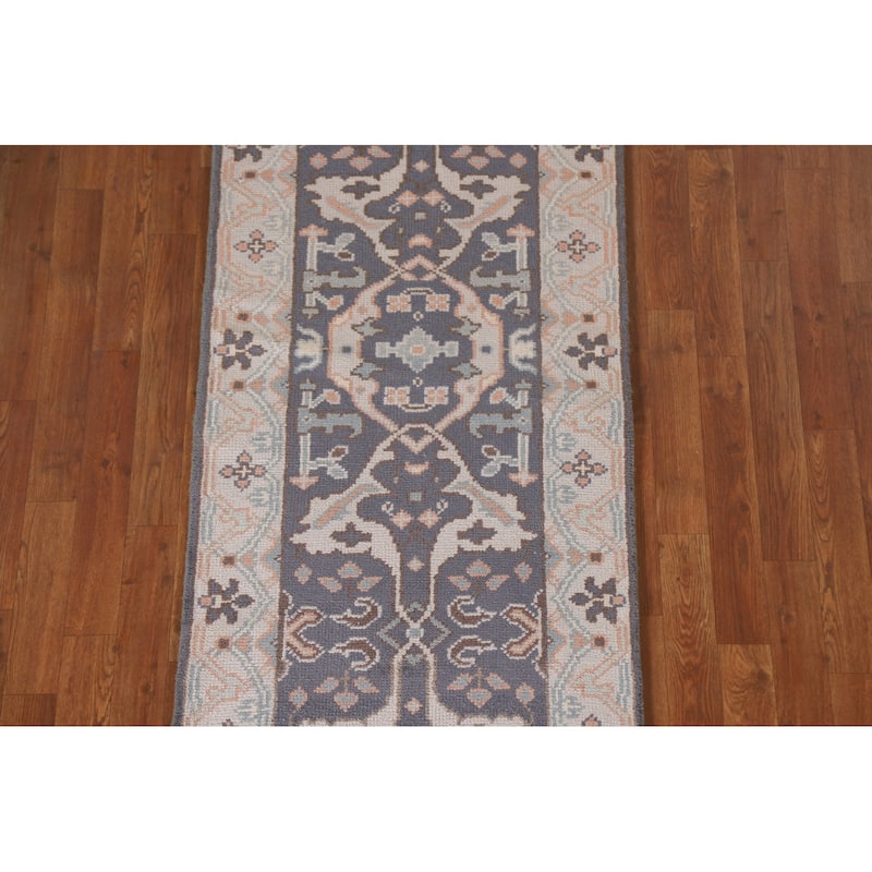 Gray Blue Oushak Indian Runner Rug Hand-Knotted Wool Carpet - 2'5"x 10'0"