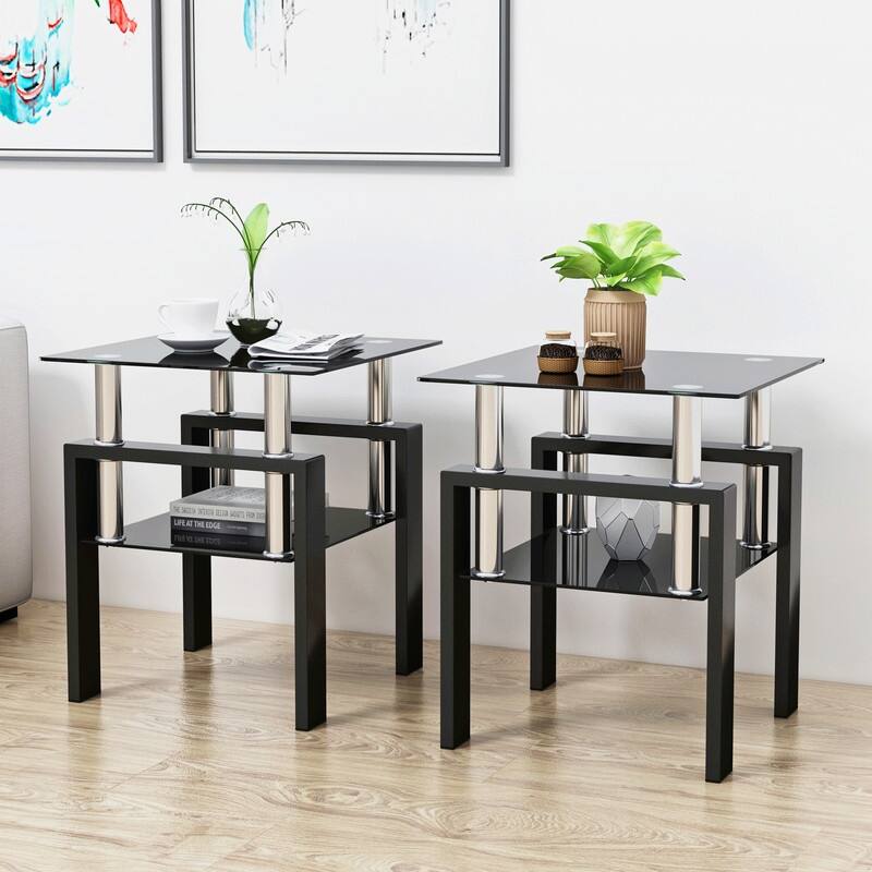 Set of 2, Modern Tempered Glass Tea Table Coffee Table End Table, Square Table for Living Room - Black