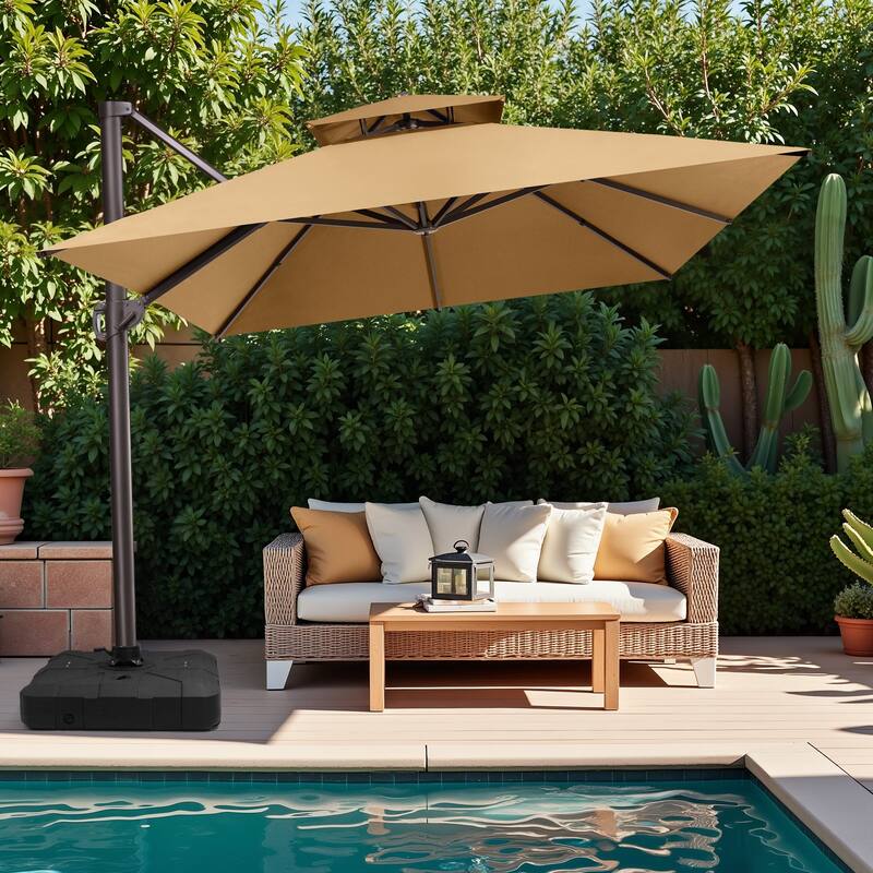 10 x 13 Feet Double Top Rectangular Rotating Patio Offset Cantilever Umbrella with Crank - Tan with Base