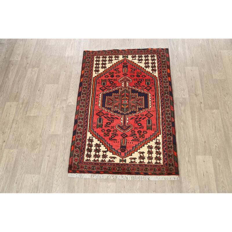 Geometric Persian Hamedan Area Rug Wool Hand-knotted Foyer Carpet - 3'3" x 4'9"