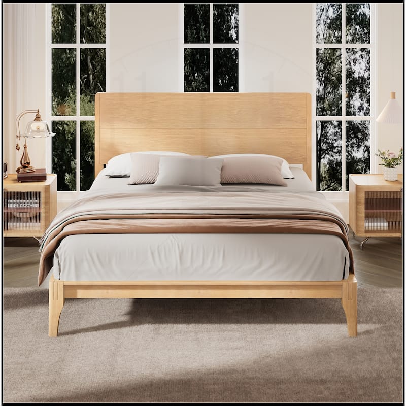 12 Inch Bamboo Wood Platform Bed with Wood Slat Metal Support - Natural  - Queen