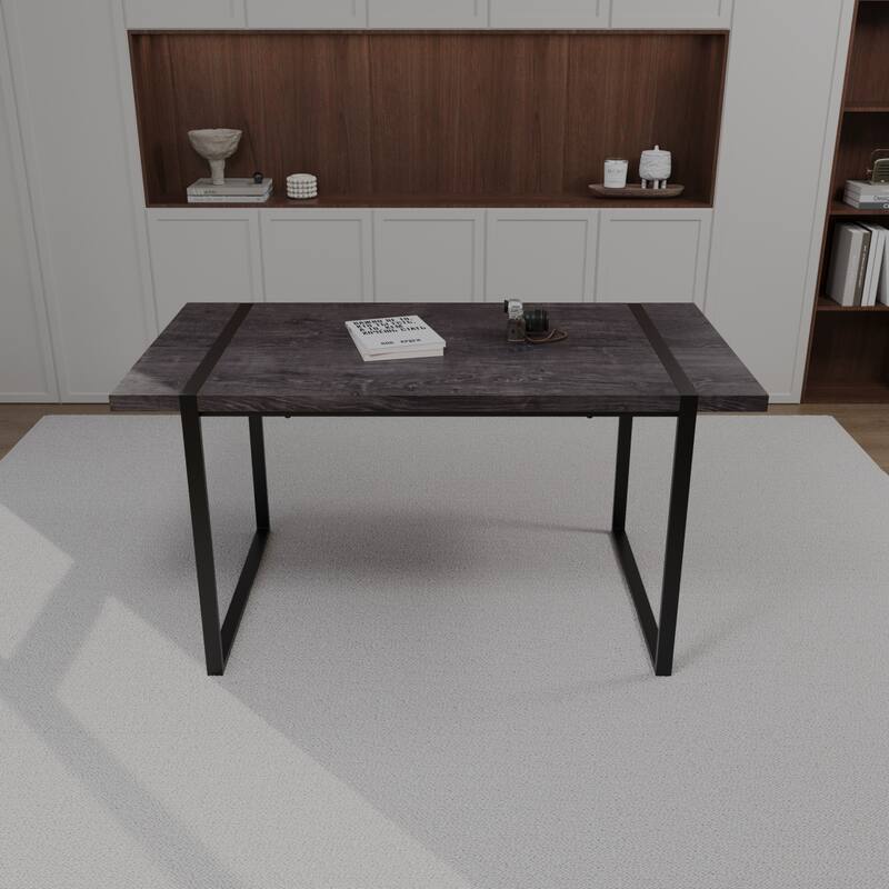 59 " dining table modern industrial rectangular, 1.5" thick engineering wood tabletop and black rectangular metal legs - Black