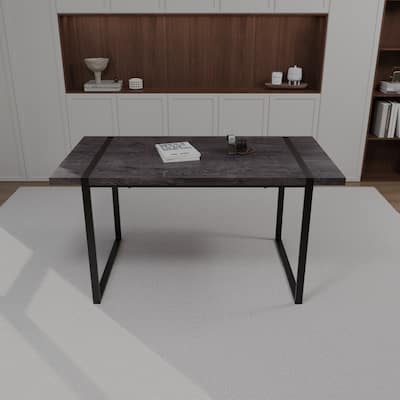 59 " dining table modern industrial rectangular, 1.5" thick engineering wood tabletop and black rectangular metal legs