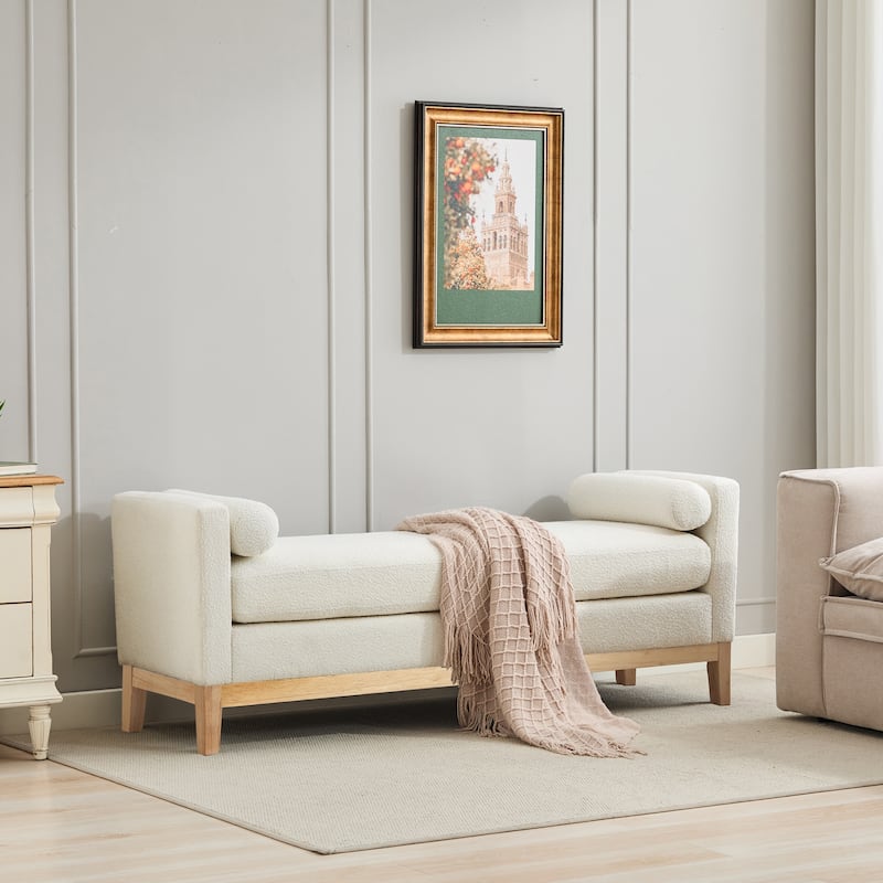 66 Inch End of Bed Bench, Upholstered Ottoman Bench with Wood Legs, Elegant Ottoman with Bolster Pillows for Bedroom