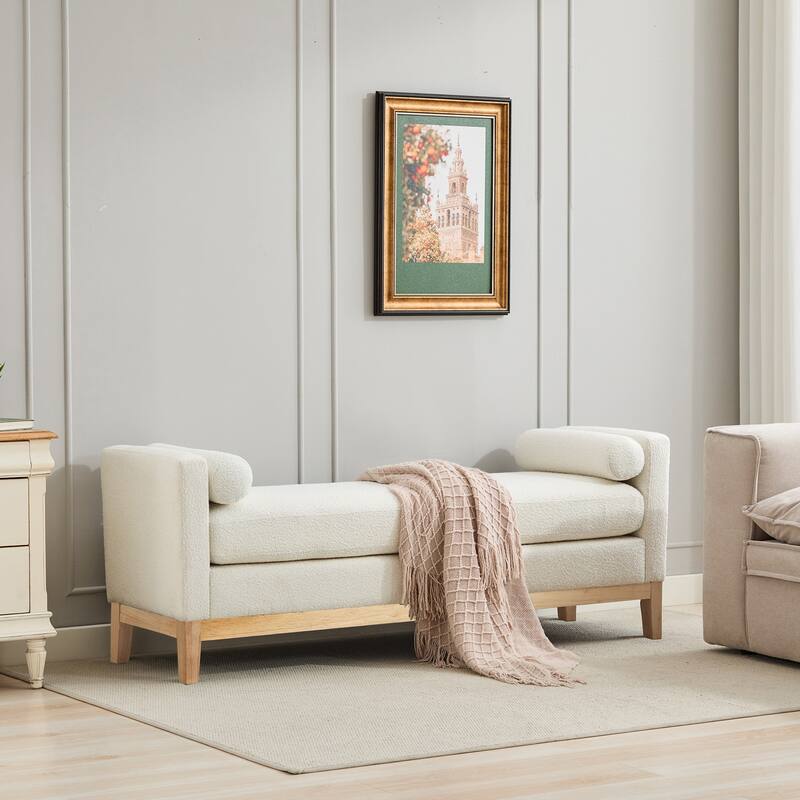 Roomfitters 66.34" Upholstered Bench Daybed with Fluted Wood Legs and 2 Bolster Pillows, Bedroom