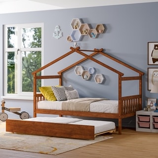 Twin Size Wooden House Bed with Pull-Out Trundle , Classic Design, Space-Saving Solution, and Solid Pine Construction