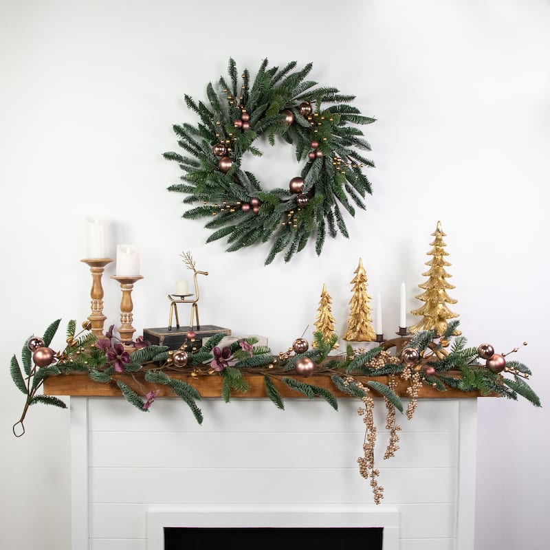 Rose Gold Ball Ornaments Artificial Christmas Wreath 28-Inch Unlit - 28"
