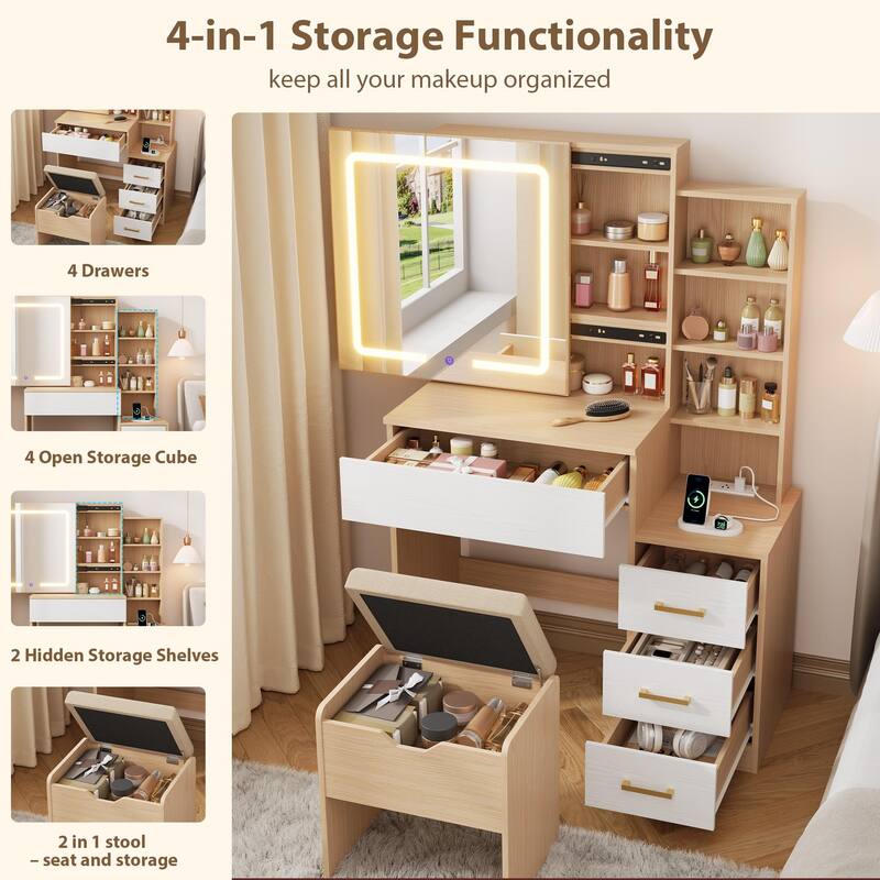 Vanity Desk with Sliding Mirror and Lights, Modern Makeup Vanity Table with 4 Drawers and 7 Storage Shelves