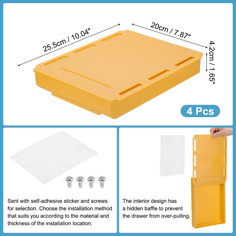 4 Pcs Self-Adhesive Under Desk Drawer for Standing Desk Office, Large - 10.04 x 7.87 x 1.65 inches - Yellow