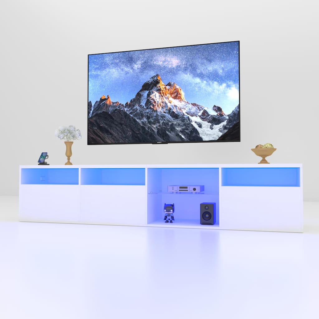 Modern 82.6" LED TV Console with Storage, RGB Lights, 31 Modes, and Remote Control for 75/80" TVs