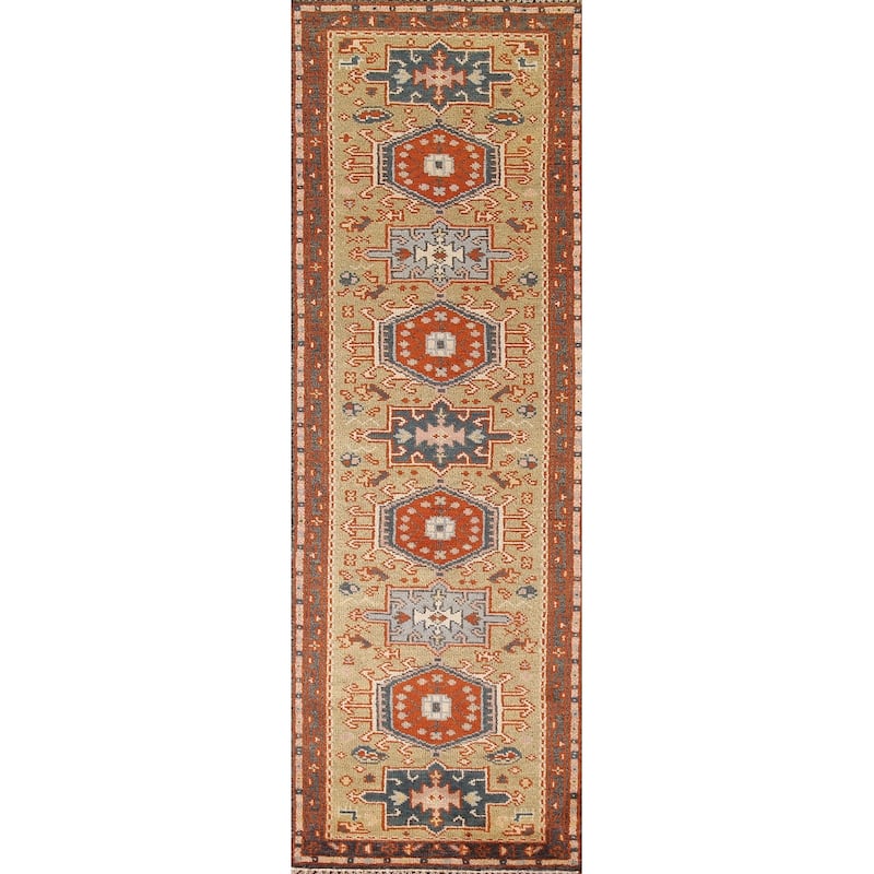 Traditional Green Kazak Runner Rug Hand-Knotted Wool Carpet - 2'6"x 10'0"