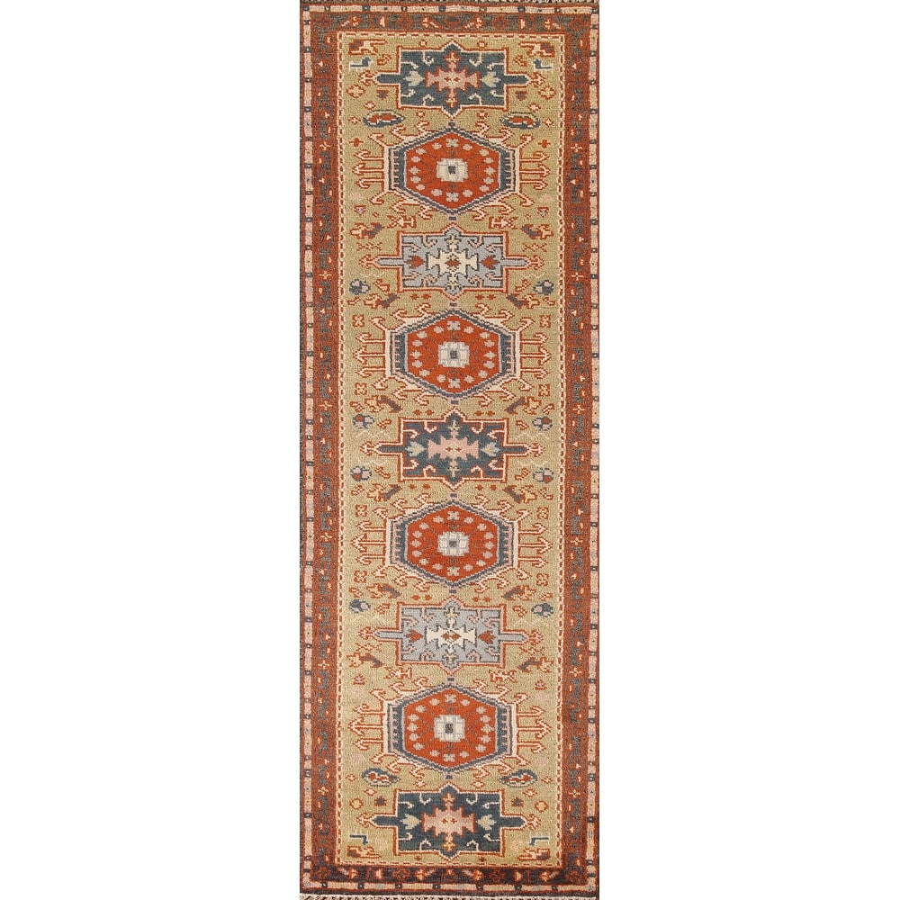 Traditional Green Kazak Runner Rug Hand-Knotted Wool Carpet - 2'6"x 10'0"