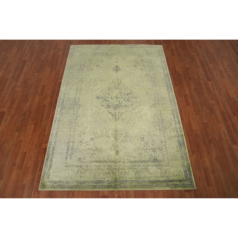 Machine Made Oriental Polyester Carpet Traditional Floral Green Tabriz Area Rug - 7' 5'' X 5' 2''