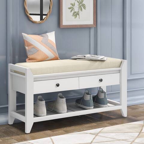 White Entryway Storage Bench with Cushioned Seat and Drawers