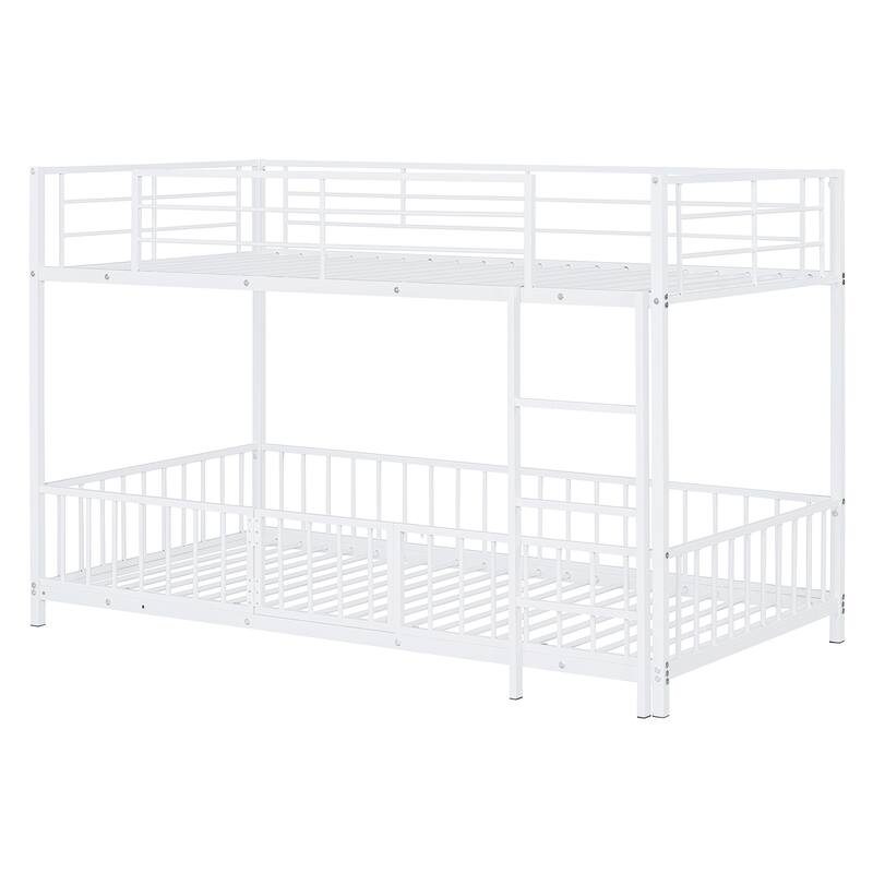 Twin over Twin Metal Bunk Bed with Slide, Guardrails & Convertible Loft Design - White
