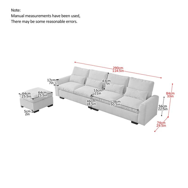 114.5" Modern Chenille L Shaped Sofa With Reversible Ottoman,Sectional Couch With USB Ports & Cup Holder