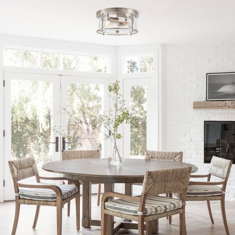 2-Light Flush Mount Water Rippled Glass Ceiling Light with Metal Frame