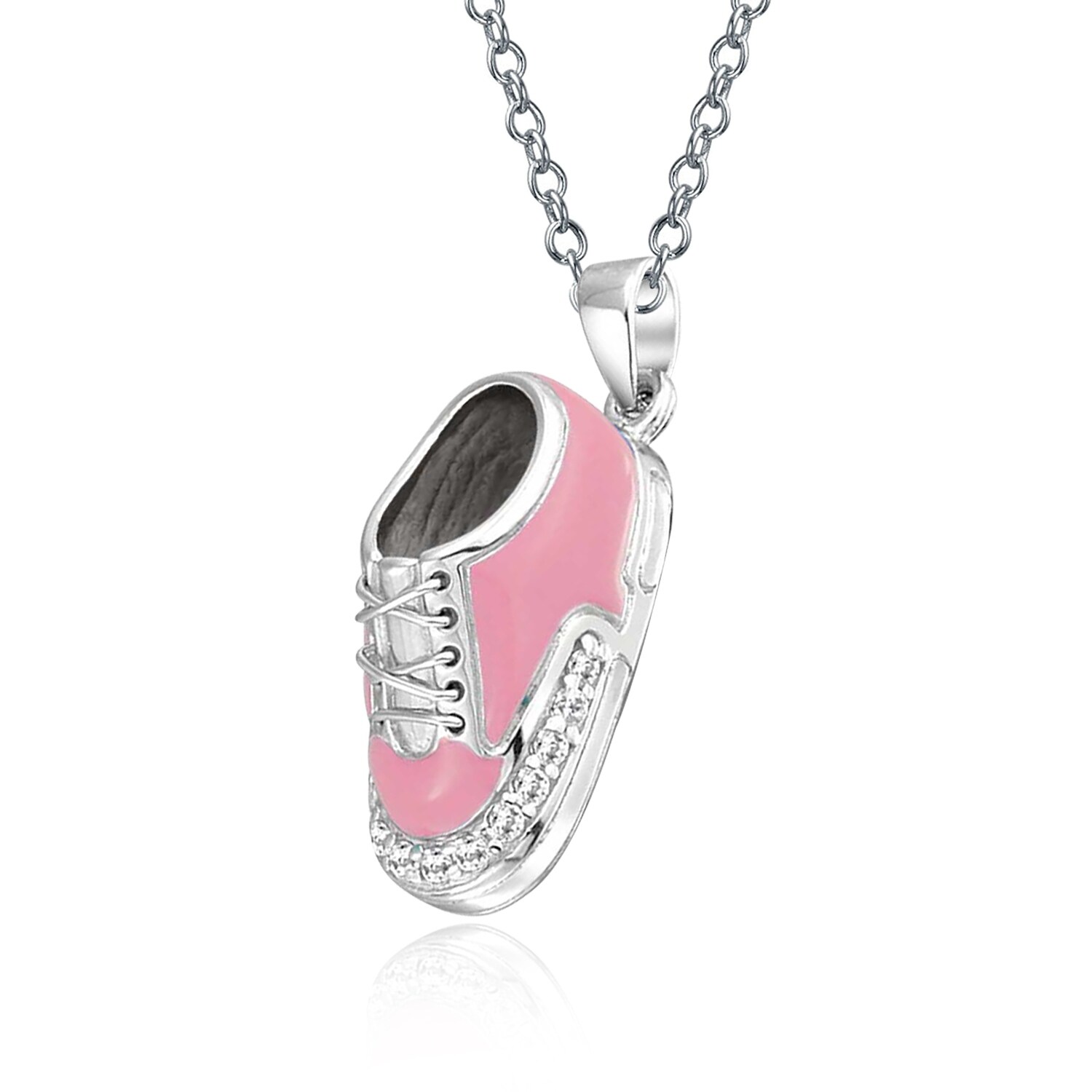 Shoe Charm Pendant Necklace For New Mother Women Pink Enamel Cubic Zirconia CZ Heart Engravable 925 Sterling Silver 