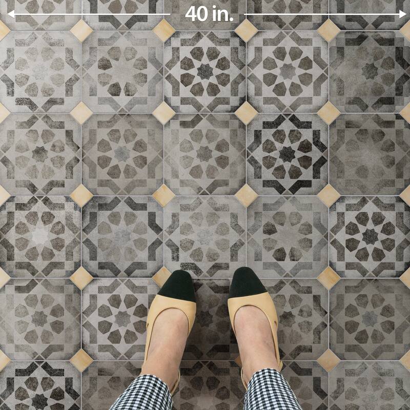 Merola Tile Laverton Octagon Deco Sombra with Taco Beige 7-7/8" x 7-7/8" Porcelain Floor and Wall Tile