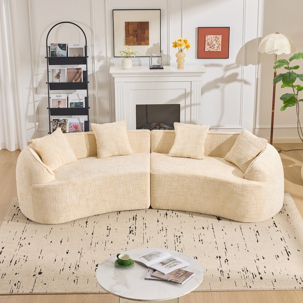 Curved Sectional Sofa with Pillows, Chenille Upholstered 4 Seater Sofa, Full-Compressed Deep Seat Sofa for Living Room