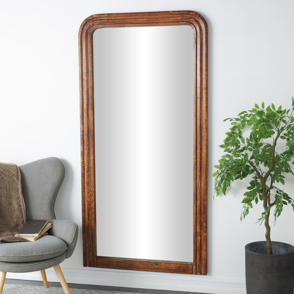 Brown Mango Wood Distressed Room Floor Mirror with Carved Grooves and Natural Wood Grain